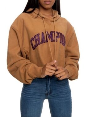 Champion Reverse Weave Cropped Hoodie Sweatshirt Camel Tan Brown Purple Text M